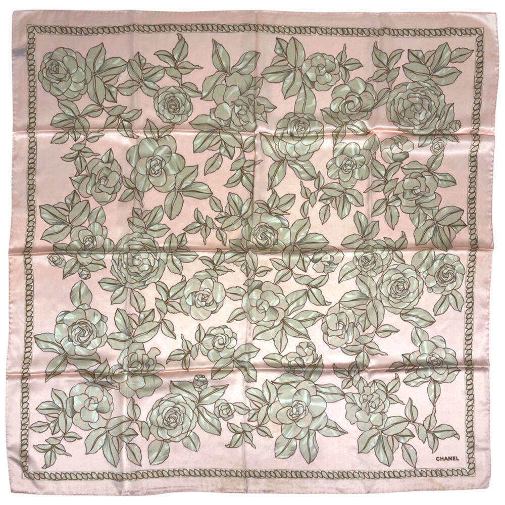 Chanel scarf/muffler, Coco Mark, Camellia design, silk, pink, multicolor, wom...